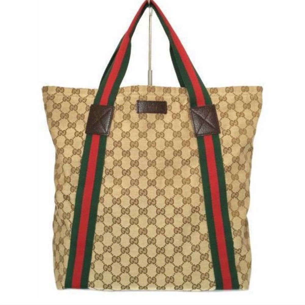 Gucci GG Monogram Beige Canvas Tote Bag with Red and Green